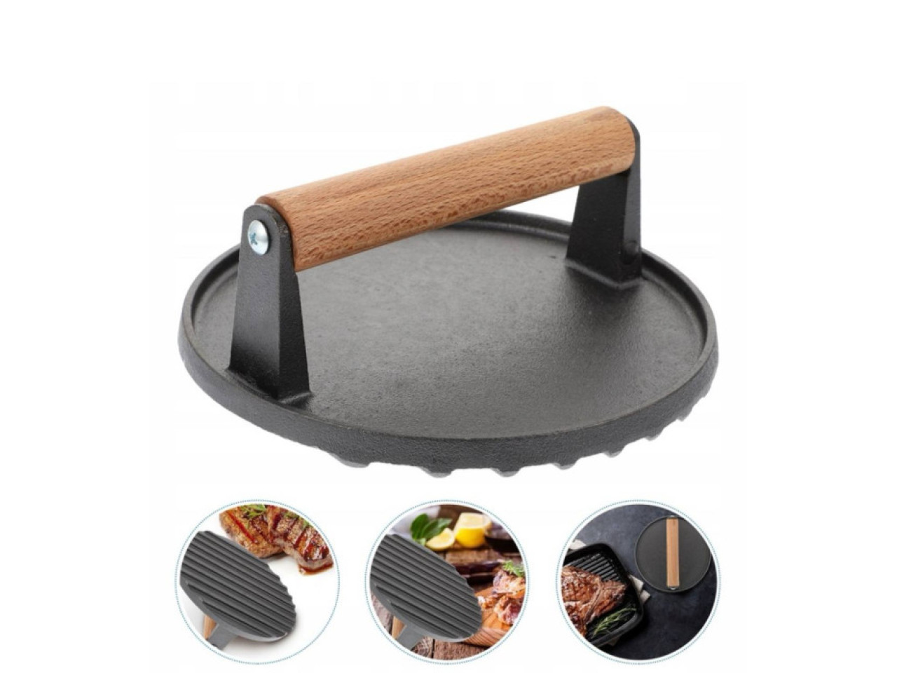 "Cast iron meat press with wooden handle 20 cm GRILLI 777185" in PL would be "Żeliwna prasa do mięsa z drewnianą rączką 20 cm GRILLI 777185".