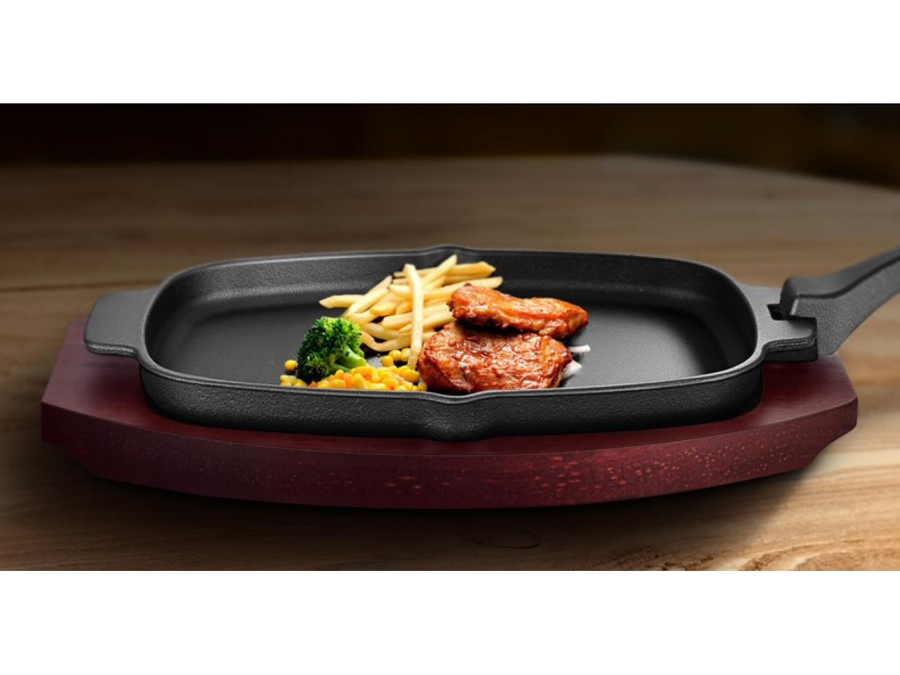 Cast iron frying pan with removable handle on wooden base 33.5x21 cm GRILLI 777201